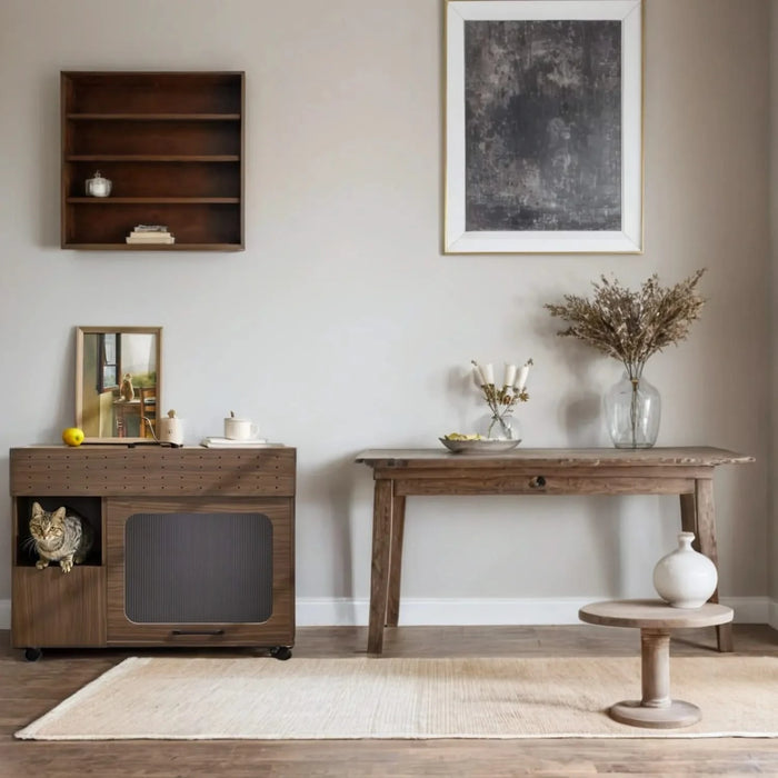 Furniture Style Multi-use Cat Litter Box House with Storage Walnut Particle Board MDF Default -DTYStore