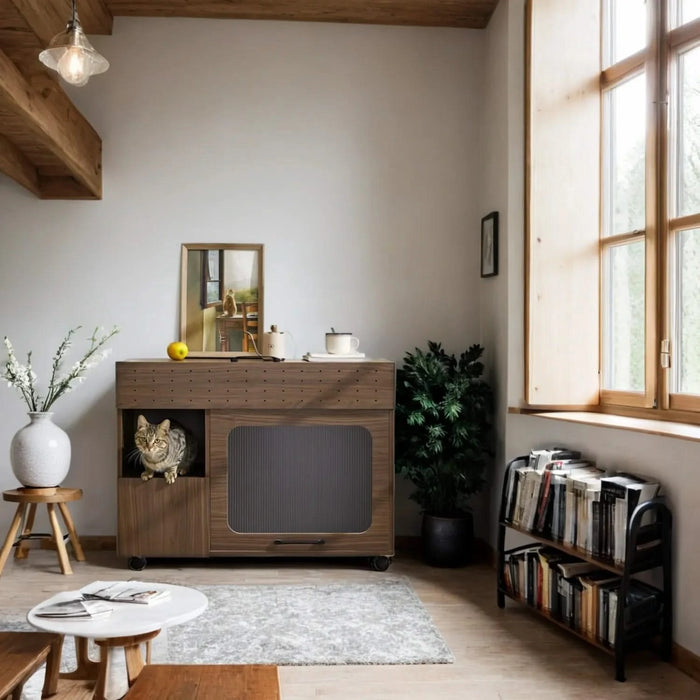 Furniture Style Multi-use Cat Litter Box House with Storage Walnut Particle Board MDF Default -DTYStore