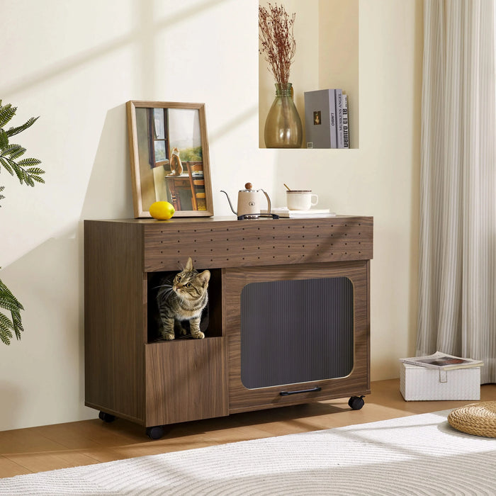 Furniture Style Multi-use Cat Litter Box House with Storage Walnut Particle Board MDF Default -DTYStore