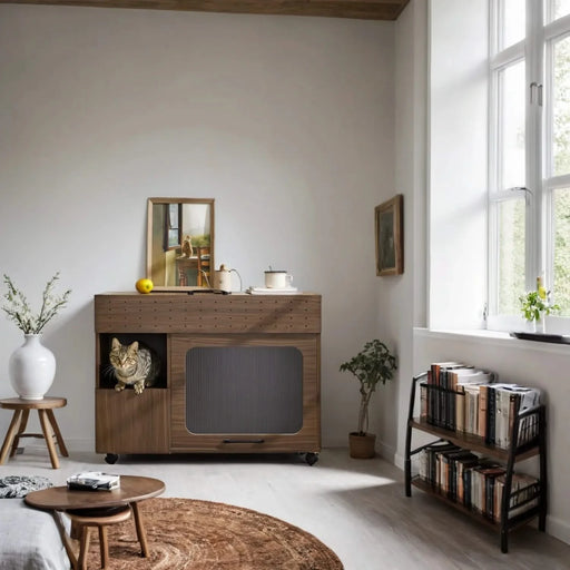 Furniture Style Multi-use Cat Litter Box House with Storage Walnut Particle Board MDF Default -DTYStore