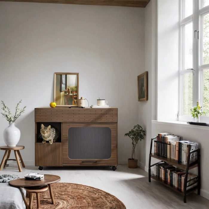 Furniture Style Multi-use Cat Litter Box House with Storage Walnut Particle Board MDF Default -DTYStore