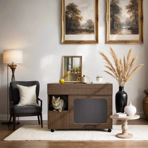 Furniture Style Multi-use Cat Litter Box House with Storage Walnut Particle Board MDF Default -DTYStore