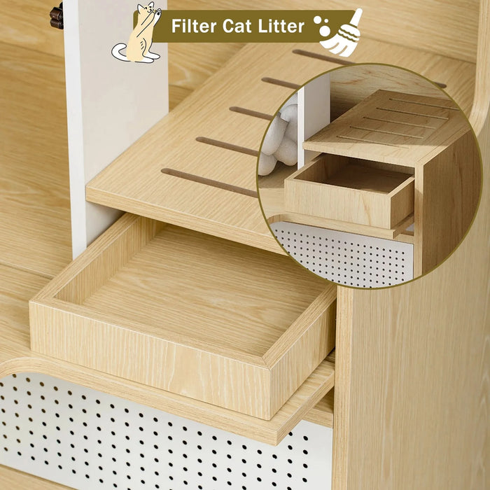Furniture Style Multi-use Natural Cat Litter Box House with Flip-down Door, MDF & Metal, 31.4' x 15.7' Default -DTYStore