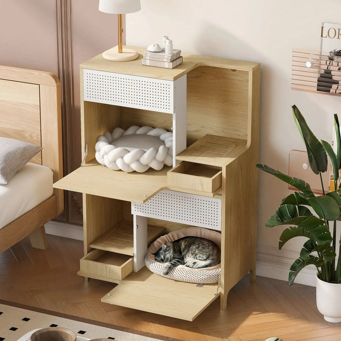 Furniture Style Multi-use Natural Cat Litter Box House with Flip-down Door, MDF & Metal, 31.4' x 15.7' Default -DTYStore