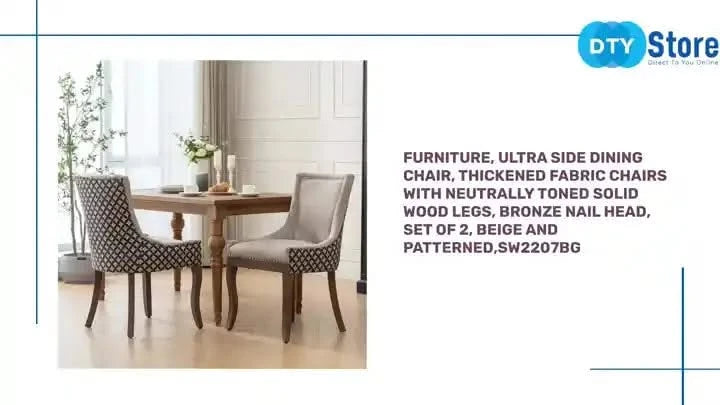Furniture, Ultra Side Dining Chair, Thickened fabric chairs with neutrally toned solid wood legs, Bronze nail head, Set of 2, Beige and Patterned,SW2207BG Default -DTYStore