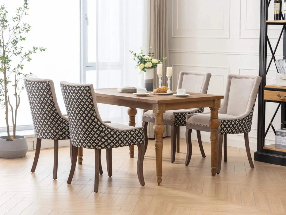 Furniture, Ultra Side Dining Chair, Thickened fabric chairs with neutrally toned solid wood legs, Bronze nail head, Set of 2, Beige and Patterned,SW2207BG Default -DTYStore