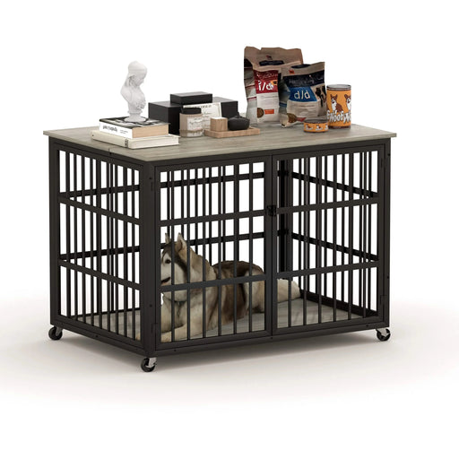 Furniture style dog crate wrought iron frame door with side openings, Grey, 43.3''W x 29.9''D x 33.5''H. Default -DTYStore