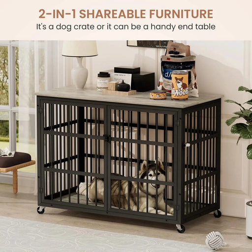Furniture style dog crate wrought iron frame door with side openings, Grey, 43.3''W x 29.9''D x 33.5''H. Default -DTYStore