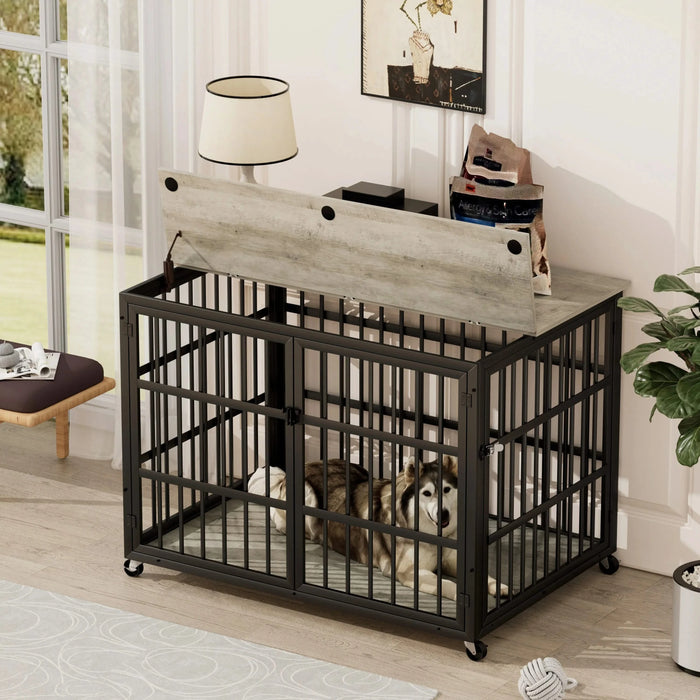 Furniture style dog crate wrought iron frame door with side openings, Grey, 43.3''W x 29.9''D x 33.5''H. Default -DTYStore