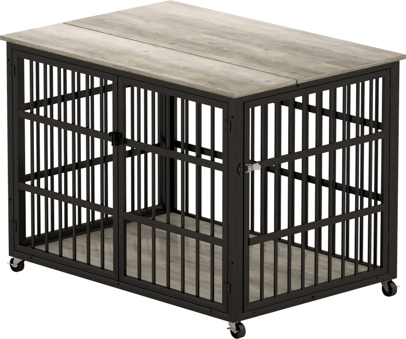 Furniture style dog crate wrought iron frame door with side openings, Grey, 43.3''W x 29.9''D x 33.5''H. Default -DTYStore