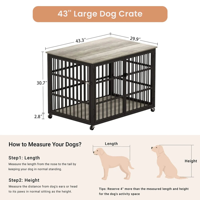 Furniture style dog crate wrought iron frame door with side openings, Grey, 43.3''W x 29.9''D x 33.5''H. Default -DTYStore