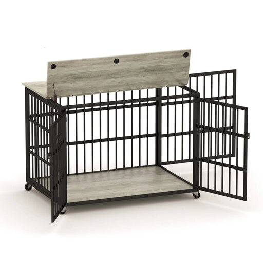 Furniture style dog crate wrought iron frame door with side openings, Grey, 43.3''W x 29.9''D x 33.5''H. Default -DTYStore