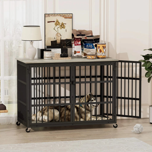 Furniture style dog crate wrought iron frame door with side openings, Grey, 43.3''W x 29.9''D x 33.5''H. Default -DTYStore