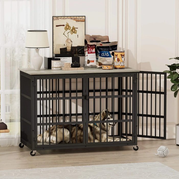 Furniture style dog crate wrought iron frame door with side openings, Grey, 43.3''W x 29.9''D x 33.5''H. Default -DTYStore