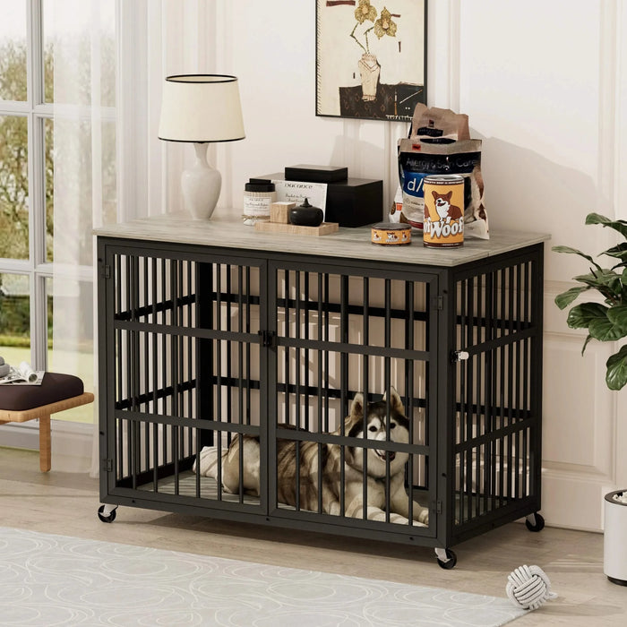 Furniture style dog crate wrought iron frame door with side openings, Grey, 43.3''W x 29.9''D x 33.5''H. Default -DTYStore