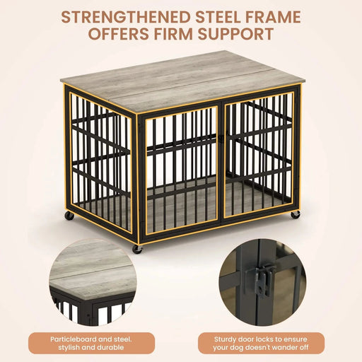Furniture style dog crate wrought iron frame door with side openings, Grey, 43.3''W x 29.9''D x 33.5''H. Default -DTYStore