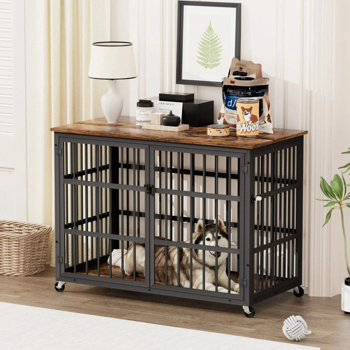 Furniture style dog crate wrought iron frame door with side openings, Rustic Brown, 43.3''W x 29.9''D x 33.5''H. Default -DTYStore