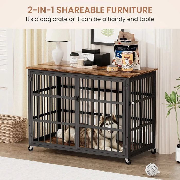 Furniture style dog crate wrought iron frame door with side openings, Rustic Brown, 43.3''W x 29.9''D x 33.5''H. Default -DTYStore