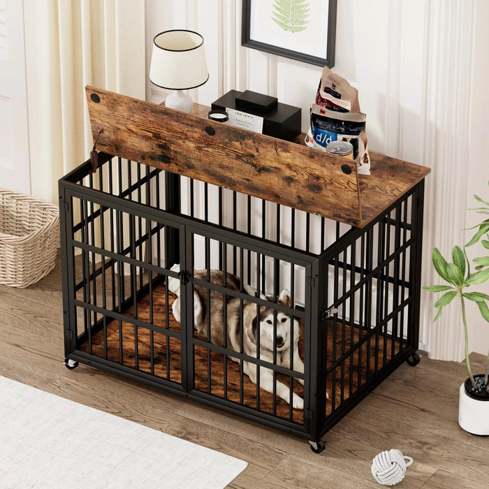 Furniture style dog crate wrought iron frame door with side openings, Rustic Brown, 43.3''W x 29.9''D x 33.5''H. Default -DTYStore