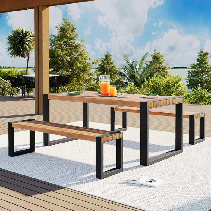 GO 3-pieces Outdoor Dining Table With 2 Benches, Patio Dining Set With Unique Top Texture, Acacia Wood Top & Steel Frame, All Weather Use, For Outdoor & Indoor, Natural Default -DTYStore