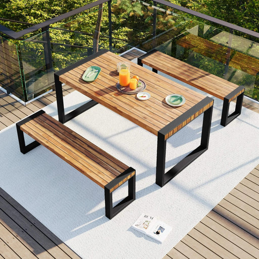 GO 3-pieces Outdoor Dining Table With 2 Benches, Patio Dining Set With Unique Top Texture, Acacia Wood Top & Steel Frame, All Weather Use, For Outdoor & Indoor, Natural Default -DTYStore
