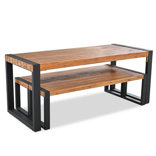 GO 3-pieces Outdoor Dining Table With 2 Benches, Patio Dining Set With Unique Top Texture, Acacia Wood Top & Steel Frame, All Weather Use, For Outdoor & Indoor, Natural Default -DTYStore