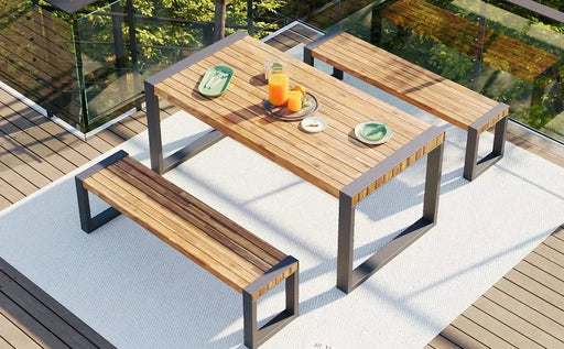 GO 3-pieces Outdoor Dining Table With 2 Benches, Patio Dining Set With Unique Top Texture, Acacia Wood Top & Steel Frame, All Weather Use, For Outdoor & Indoor, Natural Default -DTYStore