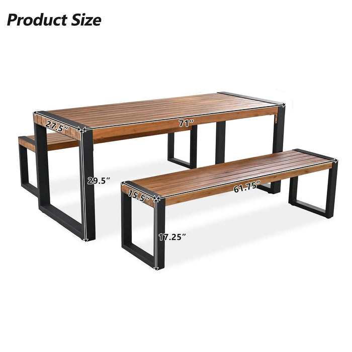 GO 3-pieces Outdoor Dining Table With 2 Benches, Patio Dining Set With Unique Top Texture, Acacia Wood Top & Steel Frame, All Weather Use, For Outdoor & Indoor, Natural Default -DTYStore