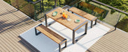 GO 3-pieces Outdoor Dining Table With 2 Benches, Patio Dining Set With Unique Top Texture, Acacia Wood Top & Steel Frame, All Weather Use, For Outdoor & Indoor, Natural Default -DTYStore