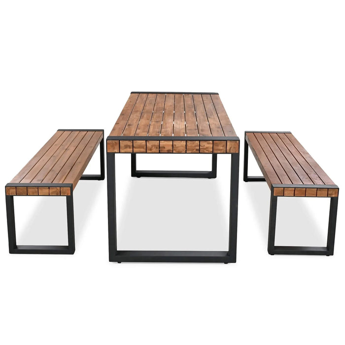 GO 3-pieces Outdoor Dining Table With 2 Benches, Patio Dining Set With Unique Top Texture, Acacia Wood Top & Steel Frame, All Weather Use, For Outdoor & Indoor, Natural Default -DTYStore