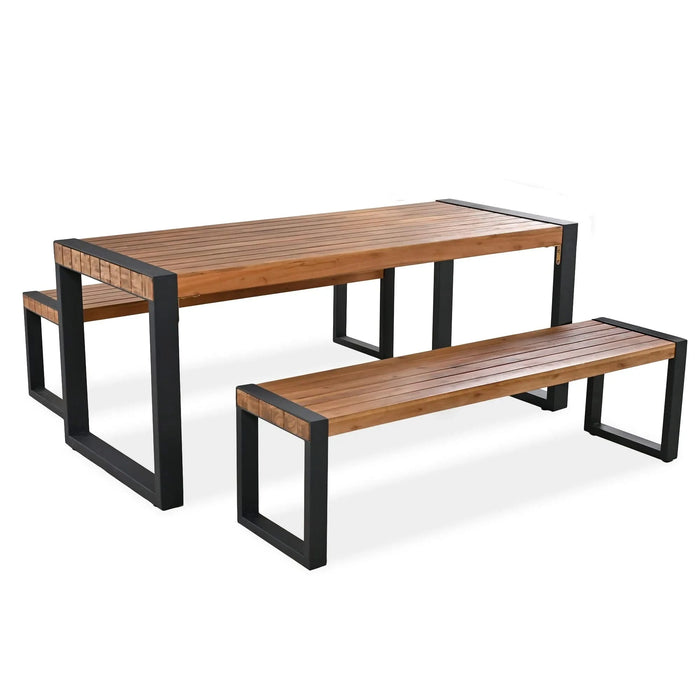 GO 3-pieces Outdoor Dining Table With 2 Benches, Patio Dining Set With Unique Top Texture, Acacia Wood Top & Steel Frame, All Weather Use, For Outdoor & Indoor, Natural Default -DTYStore
