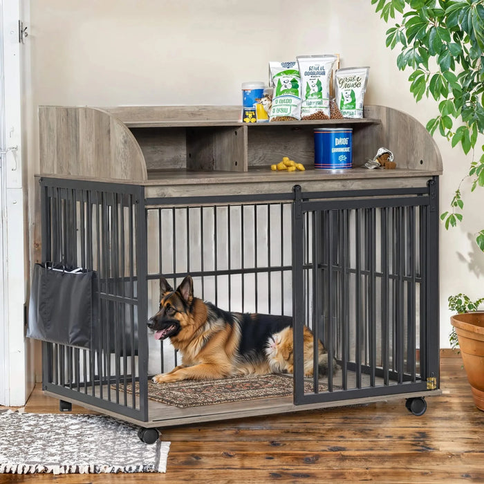 GO 44'' Heavy Duty Large Dog Crate Furniture for Large Medium Dog with Lockable Wheels, Wooden Dog Crate Dog Kennel, End Table Crate with Double layer storage, Gray Default -DTYStore
