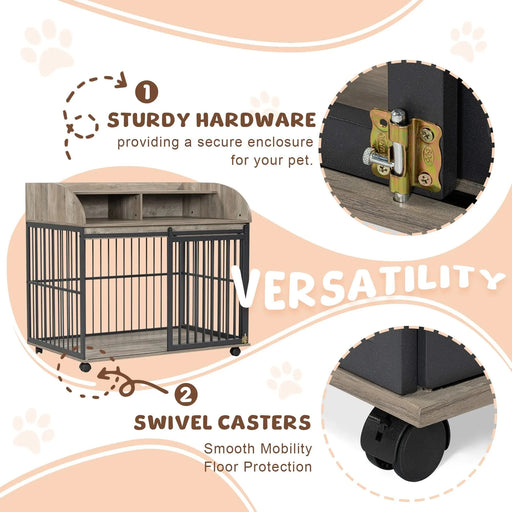 GO 44'' Heavy Duty Large Dog Crate Furniture for Large Medium Dog with Lockable Wheels, Wooden Dog Crate Dog Kennel, End Table Crate with Double layer storage, Gray Default -DTYStore