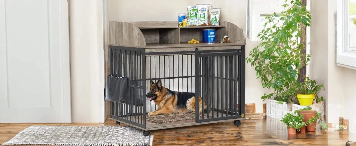 GO 44'' Heavy Duty Large Dog Crate Furniture for Large Medium Dog with Lockable Wheels, Wooden Dog Crate Dog Kennel, End Table Crate with Double layer storage, Gray Default -DTYStore