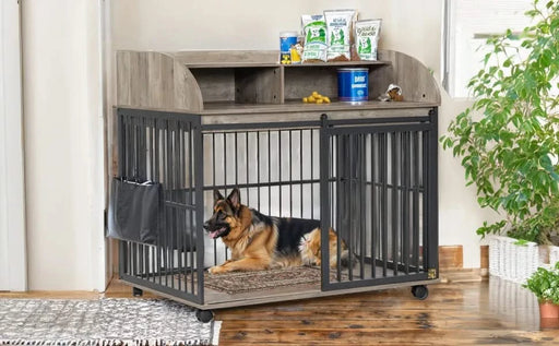 GO 44'' Heavy Duty Large Dog Crate Furniture for Large Medium Dog with Lockable Wheels, Wooden Dog Crate Dog Kennel, End Table Crate with Double layer storage, Gray Default -DTYStore