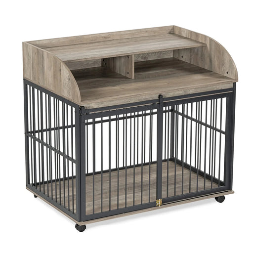 GO 44'' Heavy Duty Large Dog Crate Furniture for Large Medium Dog with Lockable Wheels, Wooden Dog Crate Dog Kennel, End Table Crate with Double layer storage, Gray Default -DTYStore