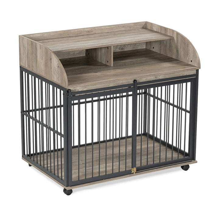 GO 44'' Heavy Duty Large Dog Crate Furniture for Large Medium Dog with Lockable Wheels, Wooden Dog Crate Dog Kennel, End Table Crate with Double layer storage, Gray Default -DTYStore