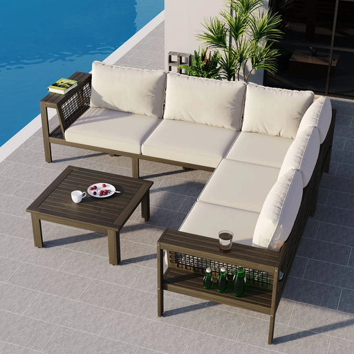 GO 4 Pieces Outdoor Acacia Wood Sofa Set, Woven Mesh Armrests, L-Shaped Patio Furniture Sofa Set with Coffee Table, Outdoor Conversation Set with Beige Cushions and Side Table Default -DTYStore