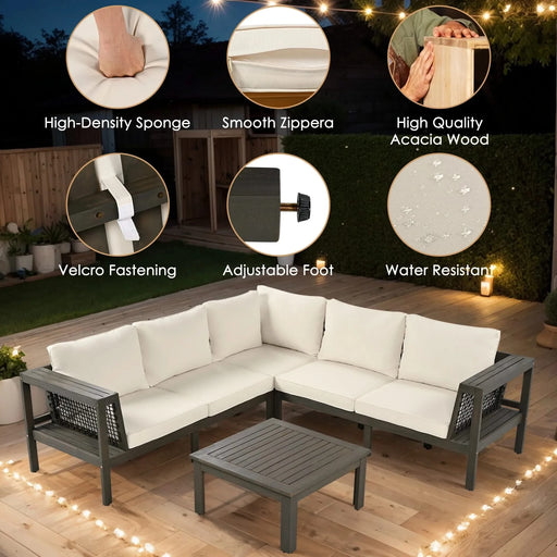 GO 4 Pieces Outdoor Acacia Wood Sofa Set, Woven Mesh Armrests, L-Shaped Patio Furniture Sofa Set with Coffee Table, Outdoor Conversation Set with Beige Cushions and Side Table Default -DTYStore