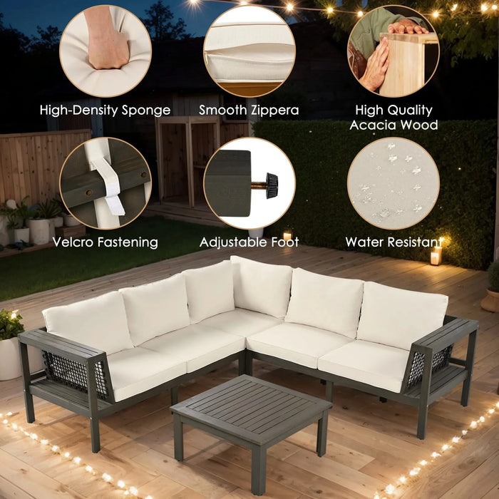 GO 4 Pieces Outdoor Acacia Wood Sofa Set, Woven Mesh Armrests, L-Shaped Patio Furniture Sofa Set with Coffee Table, Outdoor Conversation Set with Beige Cushions and Side Table Default -DTYStore