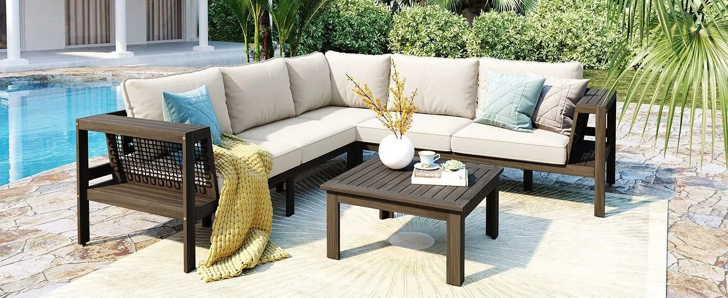 GO 4 Pieces Outdoor Acacia Wood Sofa Set, Woven Mesh Armrests, L-Shaped Patio Furniture Sofa Set with Coffee Table, Outdoor Conversation Set with Beige Cushions and Side Table Default -DTYStore