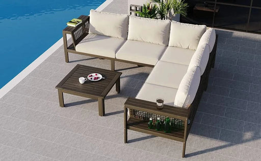 GO 4 Pieces Outdoor Acacia Wood Sofa Set, Woven Mesh Armrests, L-Shaped Patio Furniture Sofa Set with Coffee Table, Outdoor Conversation Set with Beige Cushions and Side Table Default -DTYStore