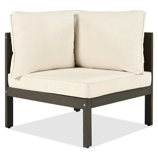 GO 4 Pieces Outdoor Acacia Wood Sofa Set, Woven Mesh Armrests, L-Shaped Patio Furniture Sofa Set with Coffee Table, Outdoor Conversation Set with Beige Cushions and Side Table Default -DTYStore