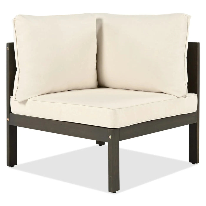 GO 4 Pieces Outdoor Acacia Wood Sofa Set, Woven Mesh Armrests, L-Shaped Patio Furniture Sofa Set with Coffee Table, Outdoor Conversation Set with Beige Cushions and Side Table Default -DTYStore