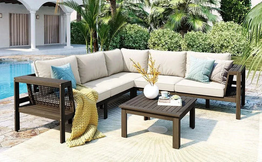 GO 4 Pieces Outdoor Acacia Wood Sofa Set, Woven Mesh Armrests, L-Shaped Patio Furniture Sofa Set with Coffee Table, Outdoor Conversation Set with Beige Cushions and Side Table Default -DTYStore