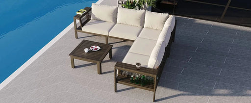 GO 4 Pieces Outdoor Acacia Wood Sofa Set, Woven Mesh Armrests, L-Shaped Patio Furniture Sofa Set with Coffee Table, Outdoor Conversation Set with Beige Cushions and Side Table Default -DTYStore