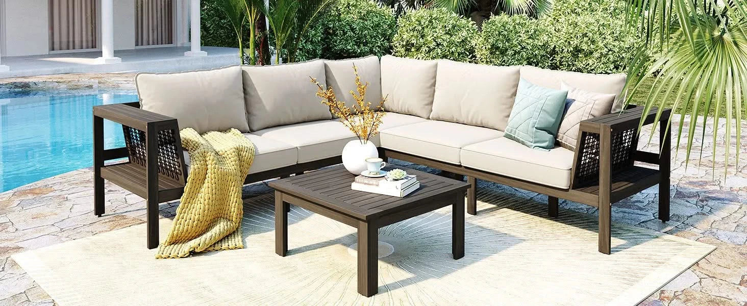 GO 4 Pieces Outdoor Acacia Wood Sofa Set, Woven Mesh Armrests, L-Shaped Patio Furniture Sofa Set with Coffee Table, Outdoor Conversation Set with Beige Cushions and Side Table Default -DTYStore