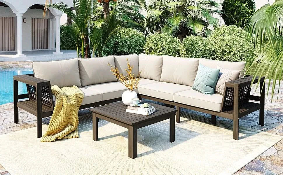 GO 4 Pieces Outdoor Acacia Wood Sofa Set, Woven Mesh Armrests, L-Shaped Patio Furniture Sofa Set with Coffee Table, Outdoor Conversation Set with Beige Cushions and Side Table Default -DTYStore