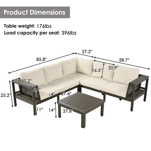 GO 4 Pieces Outdoor Acacia Wood Sofa Set, Woven Mesh Armrests, L-Shaped Patio Furniture Sofa Set with Coffee Table, Outdoor Conversation Set with Beige Cushions and Side Table Default -DTYStore