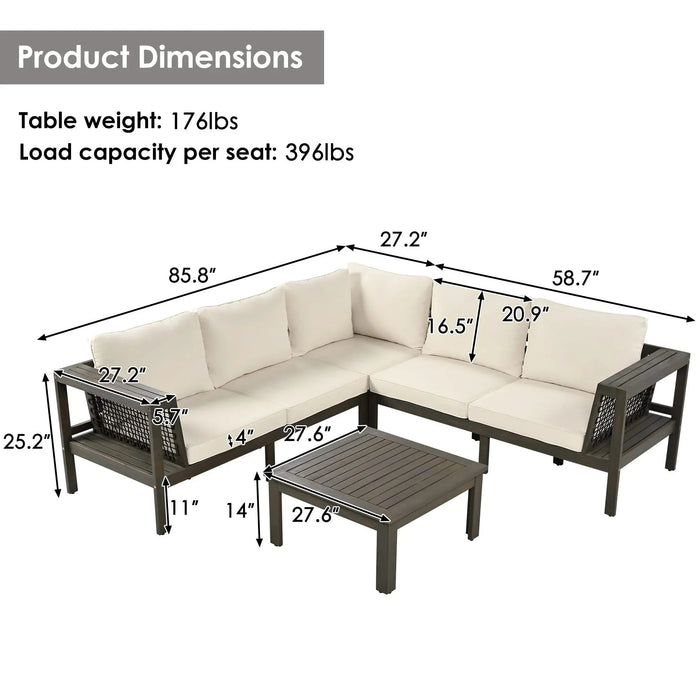 GO 4 Pieces Outdoor Acacia Wood Sofa Set, Woven Mesh Armrests, L-Shaped Patio Furniture Sofa Set with Coffee Table, Outdoor Conversation Set with Beige Cushions and Side Table Default -DTYStore